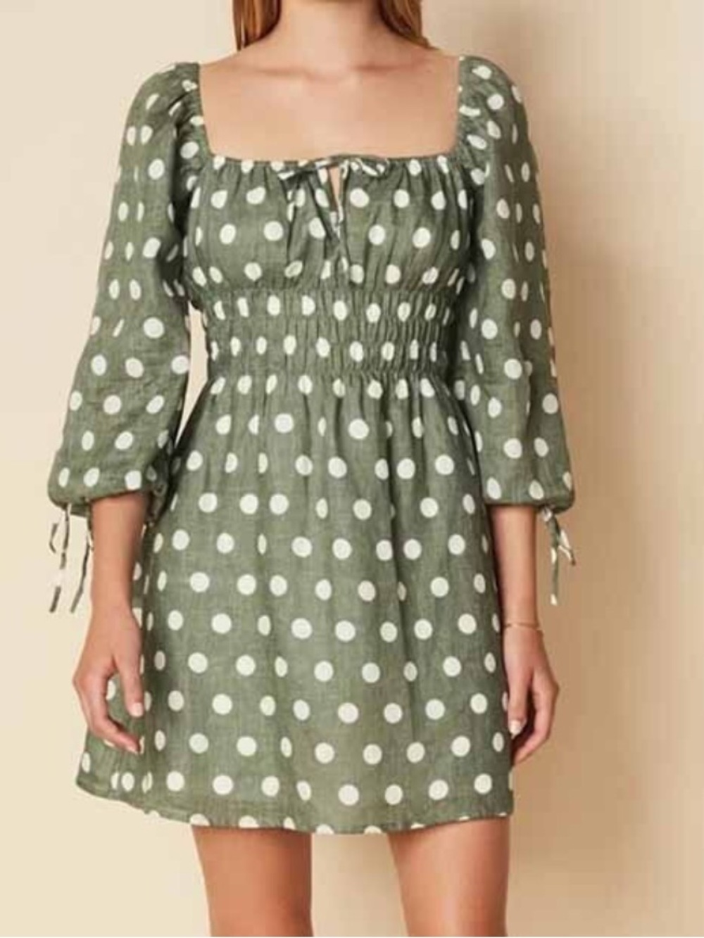 Faithfull the Brand Linen Green Polka Dot Smocked Mini Dress